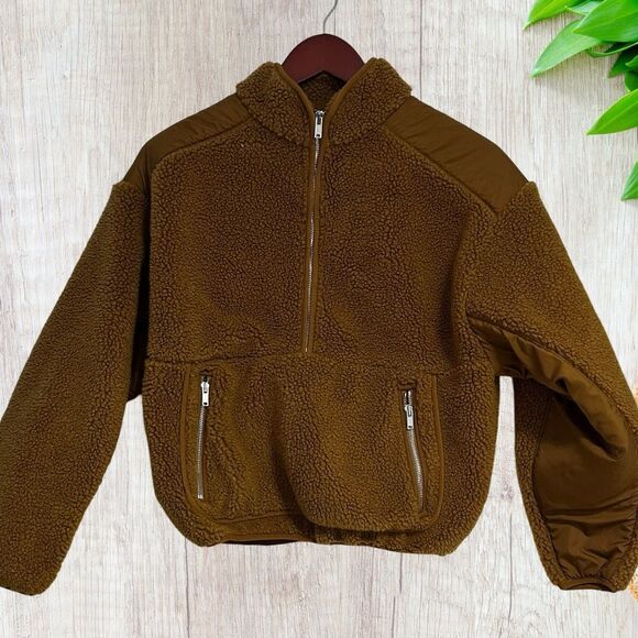 Madewell‎ Womens Teddy Jacket Small Brown Faux Shearling Half-Zip Comfy Cropped - Picture 1 of 9